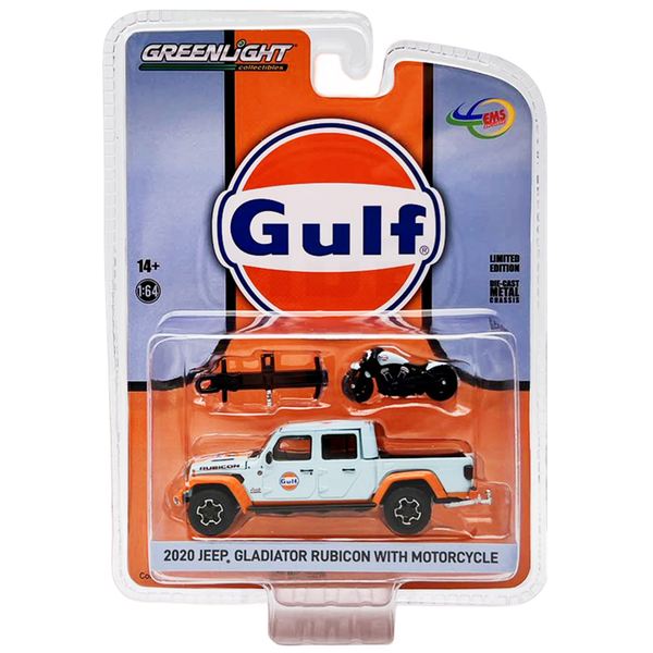 Greenlight - 2020 Jeep Gladiator Rubicon With Indian Motorcycle - Gulf Livery *EMS Indonesia Exclusive*