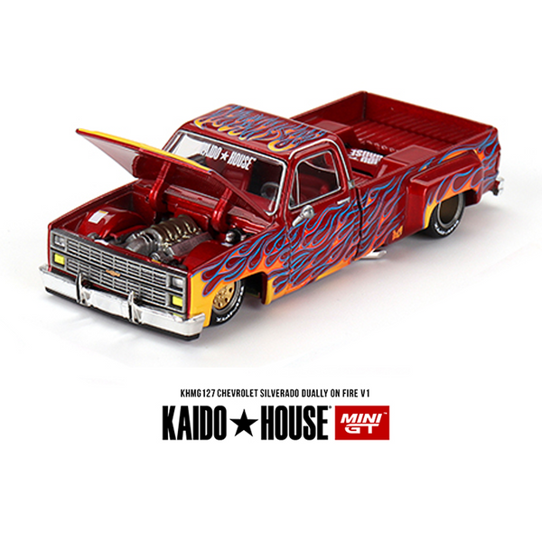 Kaido House x Mini GT - Chevrolet Silverado Dually on Fire V1 – Red with Flames *Sealed, Possibility of a Chase - Pre-Order*
