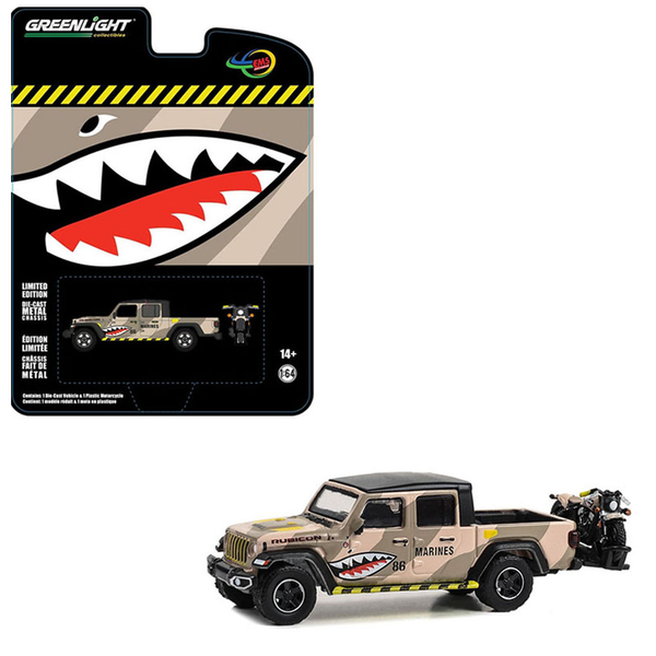 Greenlight - 2020 Jeep Gladiator Rubicon With Indian Motorcycle - Marine Livery *EMS Indonesia Exclusive*