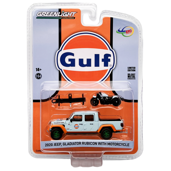 Greenlight - 2020 Jeep Gladiator Rubicon With Indian Motorcycle - Gulf Livery *EMS Indonesia Exclusive - Chase*