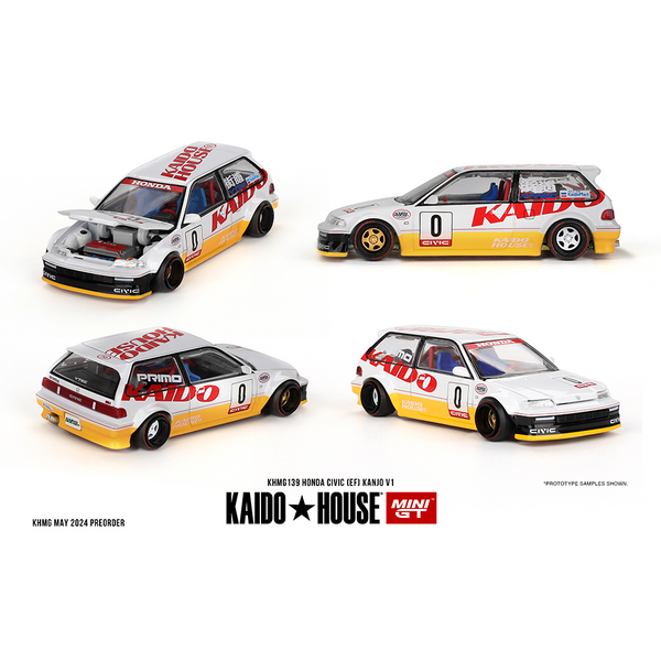 Kaido House x Mini GT - Honda Civic (EF) Kanjo V1 – White/Yellow *Sealed, Possibility of a Chase - Pre-Order*