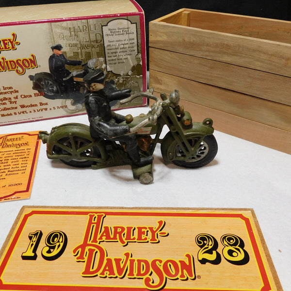 Harley-Davidson - Cast Iron Harley Davidson Motorcycle Replica of 1928 Harley w/ Rider & Wooden Collector Box