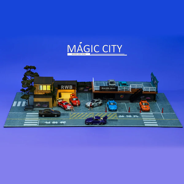 Magic City - RWB Japanese Building & Double Decker Parking Lot Diorama *1/64 Scale*