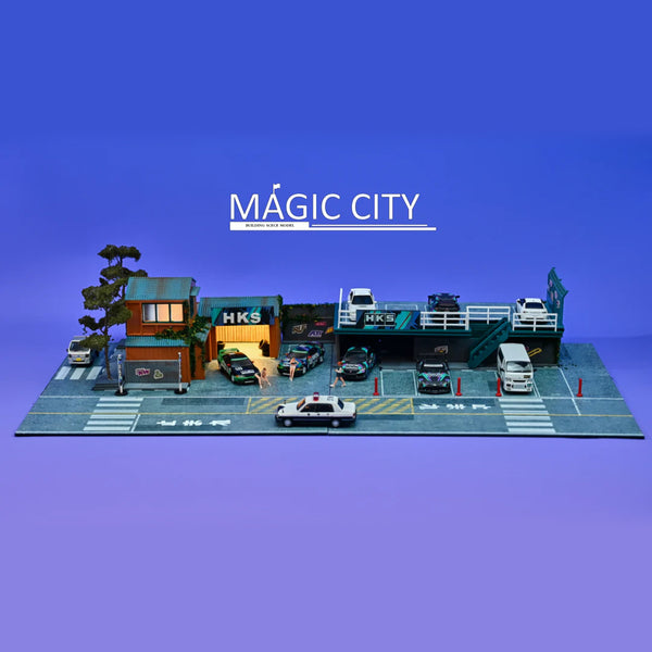 Magic City - HKS Japanese Building & Double Decker Parking Lot Diorama *1/64 Scale*
