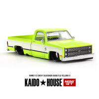 Kaido House x Mini GT - Chevrolet Silverado KAIDO Flo V1 – Yellow Chrome *Sealed, Possibility of a Chase - Pre-Order*